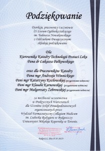 Podziękowania za organizację VI edycji Warsztatów dla Uczniów Szkół Ponadpodstawowych. Kliknij, aby powiększyć zdjęcie.